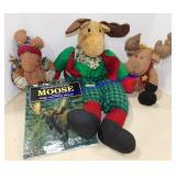Lot of 3 Stuffed Moose and Book