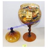 Amber Colored Stemmed Jar Filled W/ Old Matchbooks