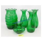 Lot of 5 Green Glass Vases