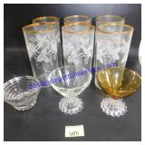 6 Gold Rimmed Glasses, 2 Tasting Glasses Etc.