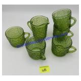 Small Green Glass Pitcher with Matching 5 Cups