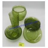 6 Green Glass Plates, 2 Bowls, Vase Etc.