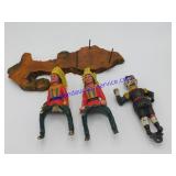 Wooden Stand, 2 Plastic Indian Figurines & Clown