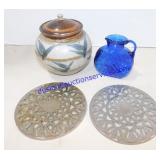 Stoneware Jar, Trivet & Small Glass Vase