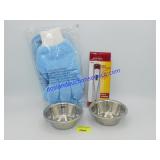 Dusting Gloves, Therometer  and Small Pet Bowls