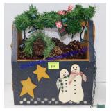 Wooden Primitive Box With Pine Cones and Lights