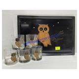 Mid Century Couroc Owl Serving Tray & Glasses