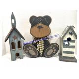 Decorative Wooden Bear & Pair of Birdhouses