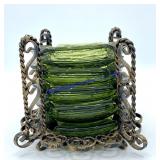 (5) Green Glass Ashtrays & Holder