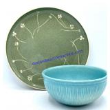 Vintage Harkerware Plate & Blue Stoneware Bowl