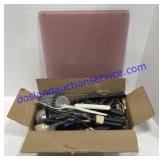 Cutting Board & Box of Misc. Utensils