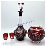 Beautiful Red Crystal Decanter, Tasting Glasses