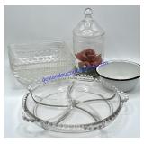 Glass Button Dish, Enamelware Bowl, Etc..