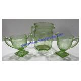 Green Depression Glass Sugar & Cream Set & Pitcher