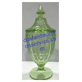 Green Depression Glass Lidded Compote (9")