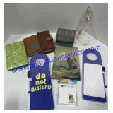 Flat of Misc Items Wallet , Door Signs, Etc..