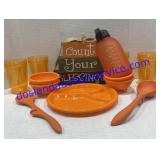 Orange Plates, Bowls, Utensils , Cups & Sign