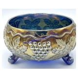 Blue Fenton Carnival Glass Grape & Cable Footed