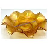 Pastel Marigold Carnival Glass Ruffled Bowl (8")