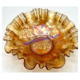 Marigold Carnival Glass Ruffled Bowl (9")