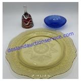 Yellow Depression Glass Cake Plate, Bell & Cobalt