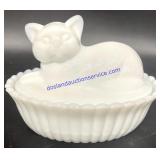 Vintage Westmoreland Milk Glass Covered Cat Dish