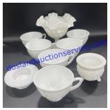 Flat of Milk Glass Ruffled Bowl, Tea Cups, Etc..