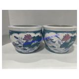 Matching Lotus & Bird Pottery Planters