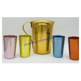 Vintage Metal Pitcher & (4) Colored Cups