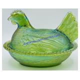 Green Iridescent Glass Chicken Nesting Dish
