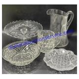 Glass Pitcher, Cake Stand & Dishes