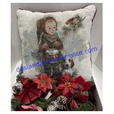 Christmas Scene Pillow & Decorative Bows W/ Bulbs