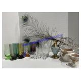 Assorted Glassware , Decor & Peacock Feathers