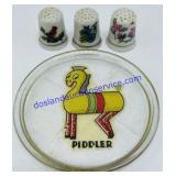 Small Glass Piddler Dish & 3 Thimbles
