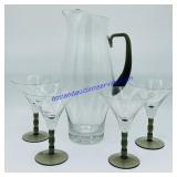Glass Pitcher & (4) Matching Stemmed Glasses