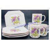 Set of (4) Purple Flowered Plates & Mugs