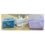 Plastic Crate, Watering Can & Step Stool