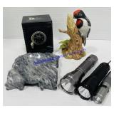 Misc Lot- Flashlights, Bird Figurine, Ashtray,