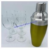 Set of 4 Wine Glasses and Cocktail Shaker