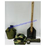 Military Shovel, Hat, Canteen & Flashlight