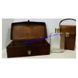 Vintage Leather Storage Box & A Glass Flask With