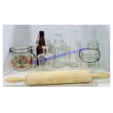 Variety of 7 Glass Jars and Wooden Rolling Pin