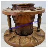 Vintage Walnut Pipe Rack With Amber Glass Humidor