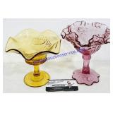 2 Patterned Stemmed Amber & Pink Candy Dishes