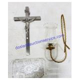 Metal Crucifix, Wall Sconce & Glass Tray