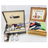 2 Hinged Jewelry Boxes of Watches and Zippo