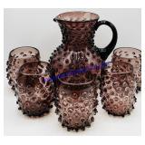 Italian Amethyst Hobnail Glass Pitcher & Tumblers