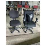 Two Office Chairs With 3 Trash Bins