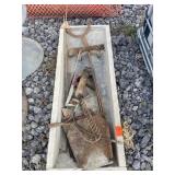 Grease gun, ladder jack, mortar tub assorted