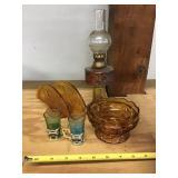 Mini Oil Lamp, Souvenir Shot Glasses, Amber Glass
